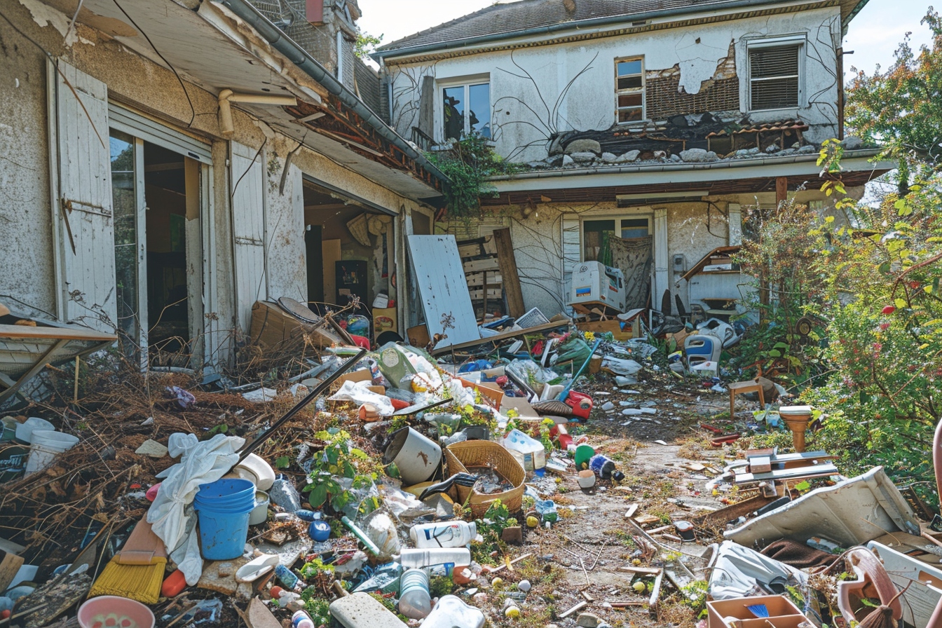 Équipe de professionnels en action lors d'un débarras de maison insalubre à Valence, transformant un intérieur encombré en un espace salubre et accueillant.